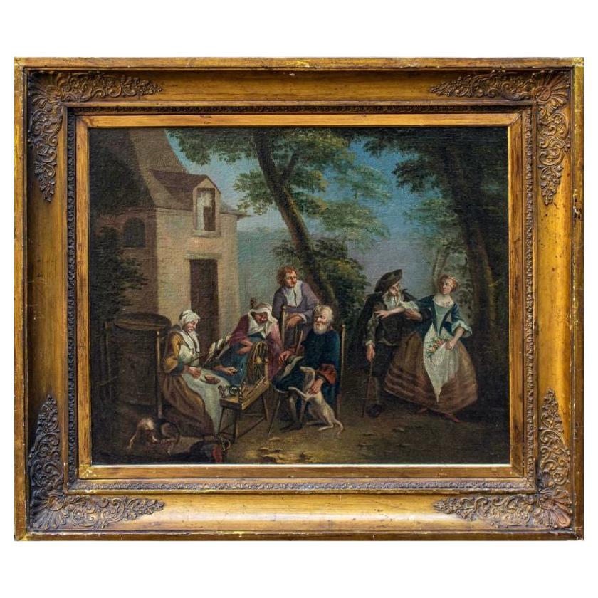Peinture à l'huile sur toile du 18ème siècle représentant une scène d'une école piemonteise de Spinner