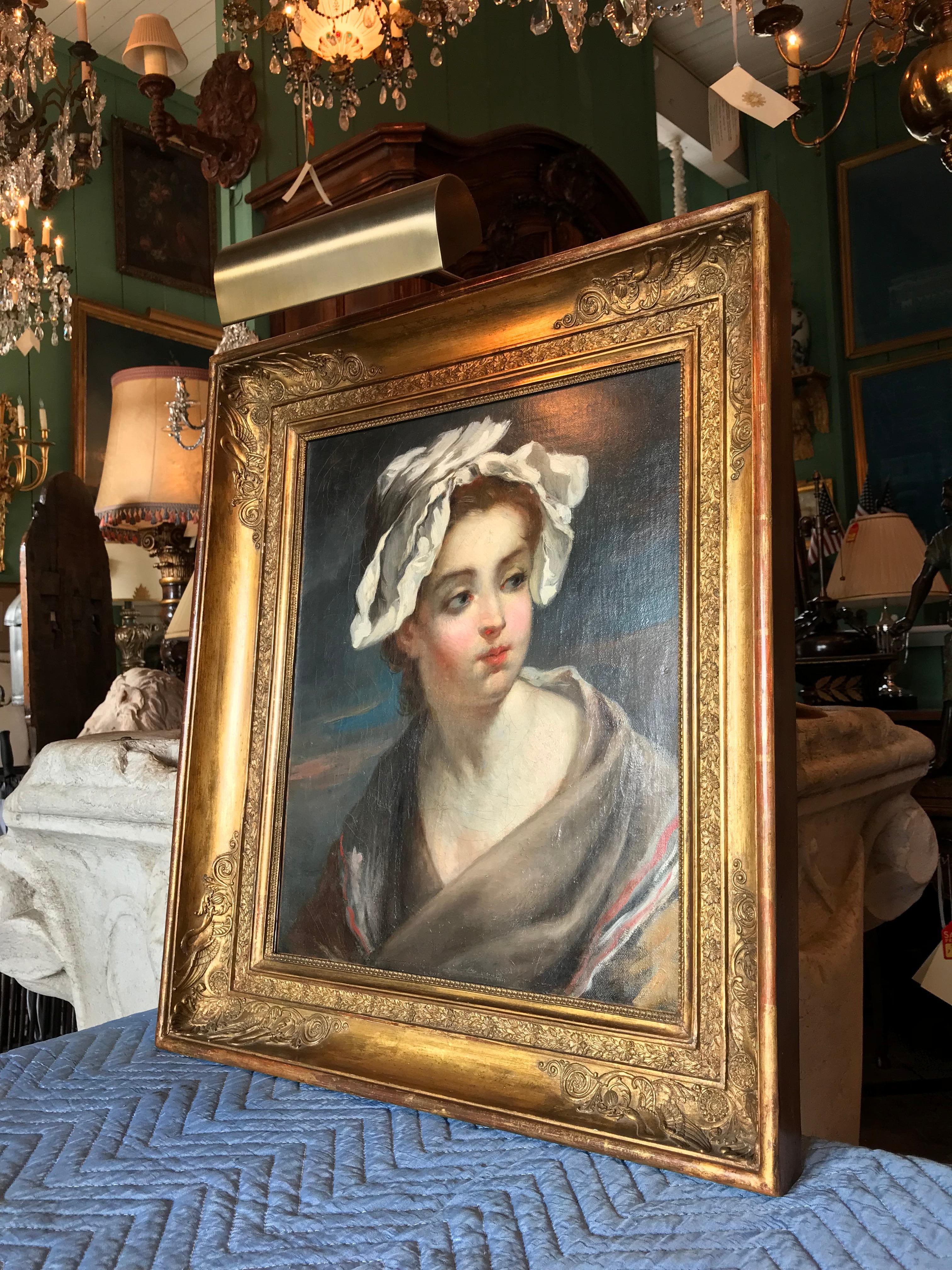 18th C. School Jean Baptiste Greuze Peasant Child in a white bonnet antiques LA
18th C. School Jean Baptiste Greuze Peasant Child in a white bonnet antiques LA . This exceptional painting of a peasant child in a white Bonnet is a fine example of