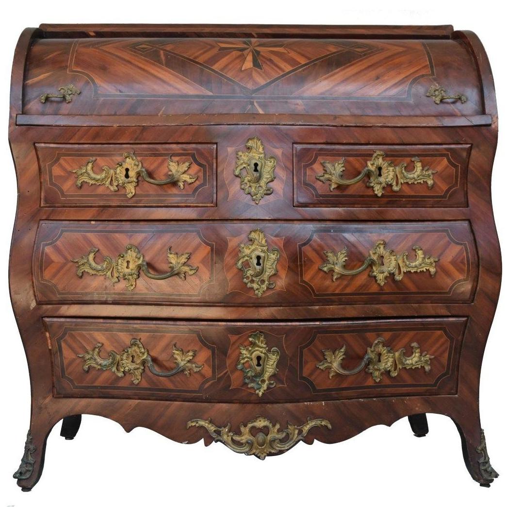 Commode Scriban du 18ème siècle avec cylindre d'époque Louis XV en marqueterie