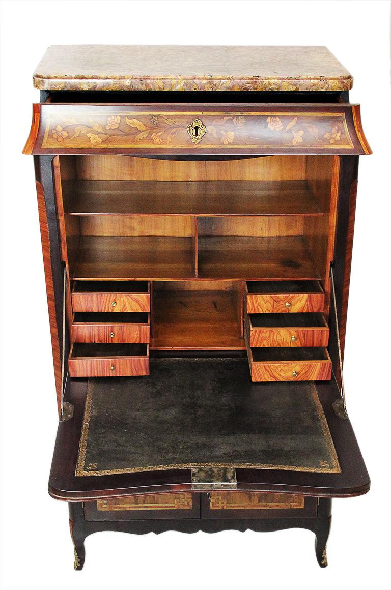 Louis XV 18th Century Secretaire with Flower and Musical Theme Marquetry and Marble Top For Sale