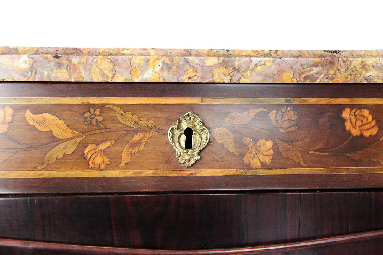 French 18th Century Secretaire with Flower and Musical Theme Marquetry and Marble Top For Sale