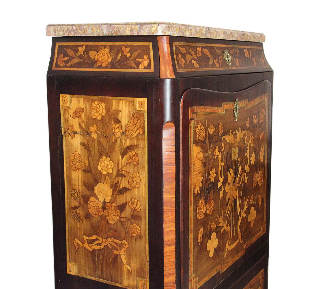 18th Century Secretaire with Flower and Musical Theme Marquetry and Marble Top In Good Condition For Sale In EVREUX, FR