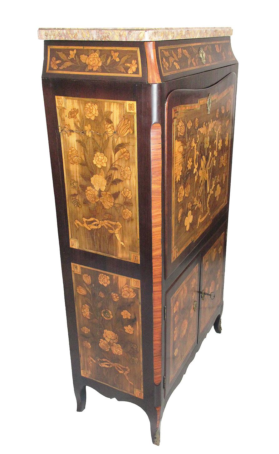 18th Century Secretaire with Flower and Musical Theme Marquetry and Marble Top For Sale 3