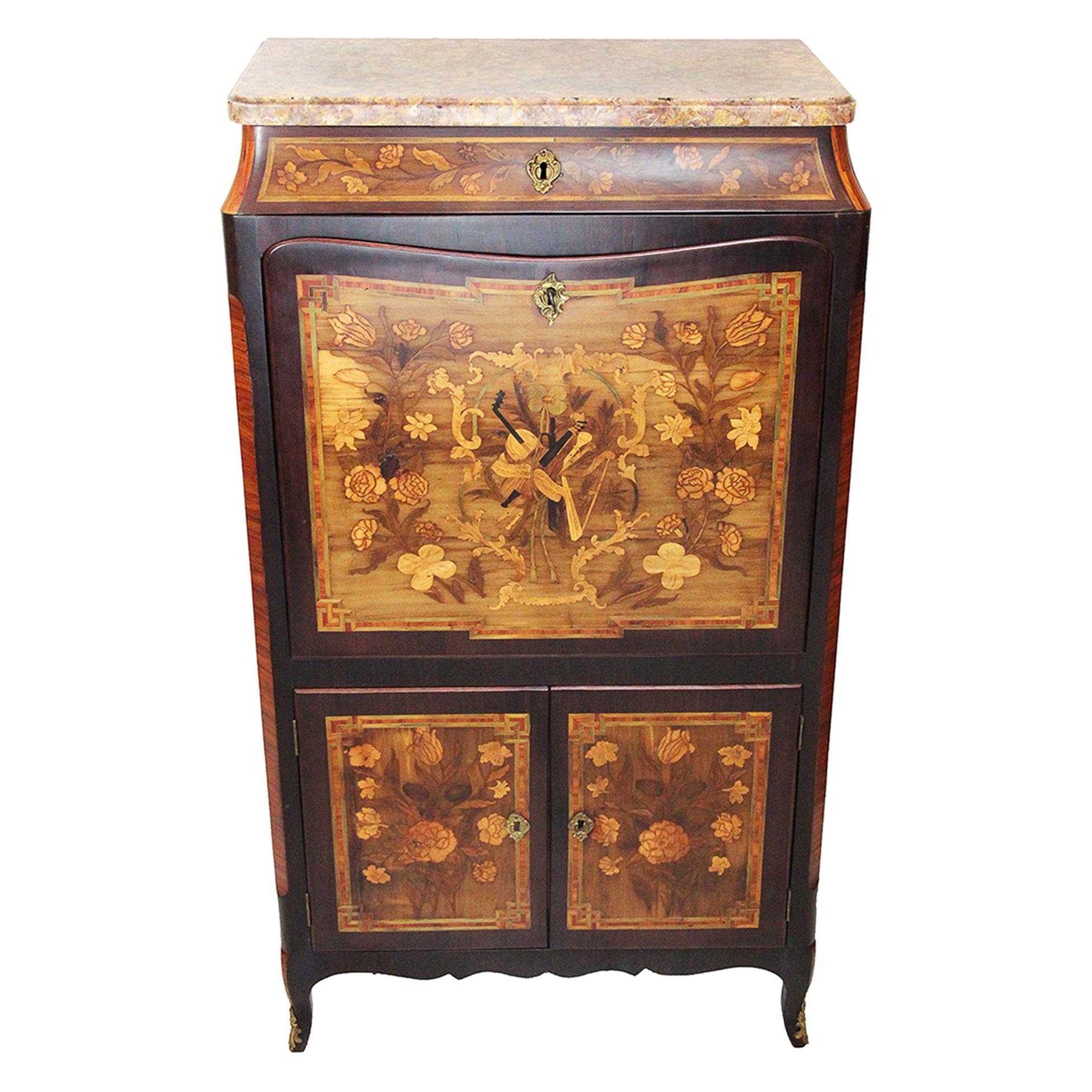 18th Century Secretaire with Flower and Musical Theme Marquetry and Marble Top For Sale