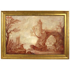 18th Century Sepia Capriccio Landscape with a Boatman