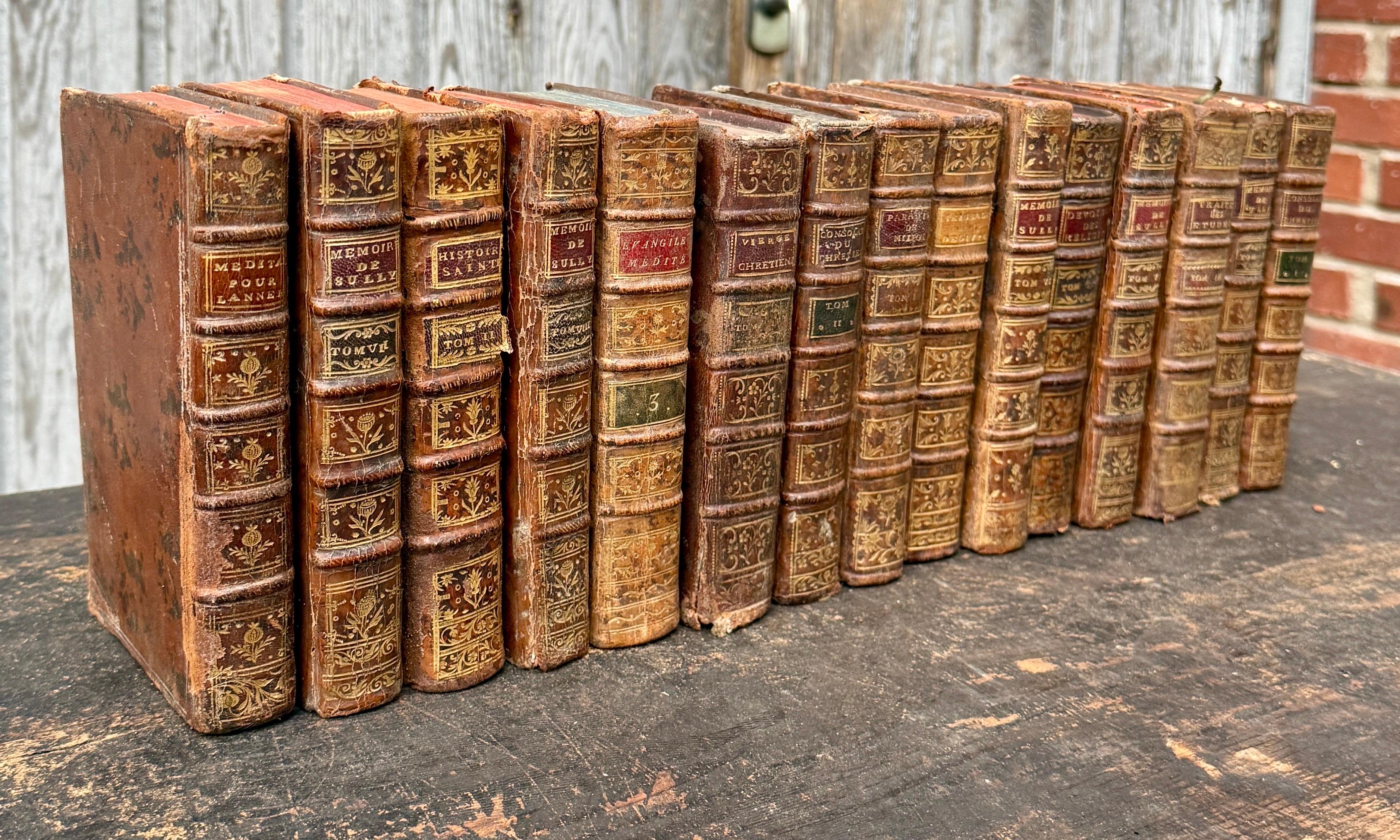 Baroque 18th Century Set of 15 French Leather Bound Books en vente