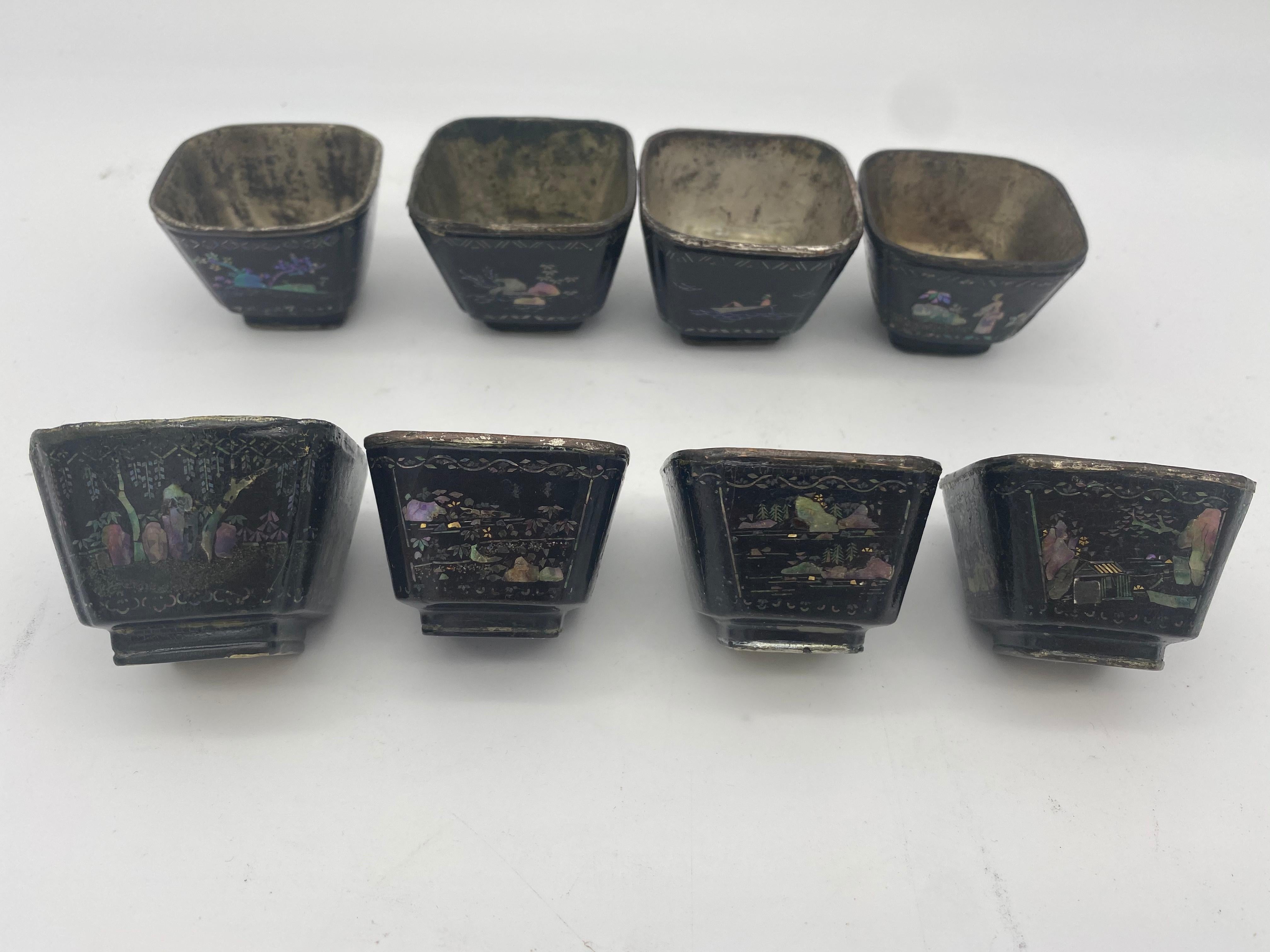 Qing 17th Century Set of 8 Chinese Lacquer Silver Cups with Mother of Pearls For Sale