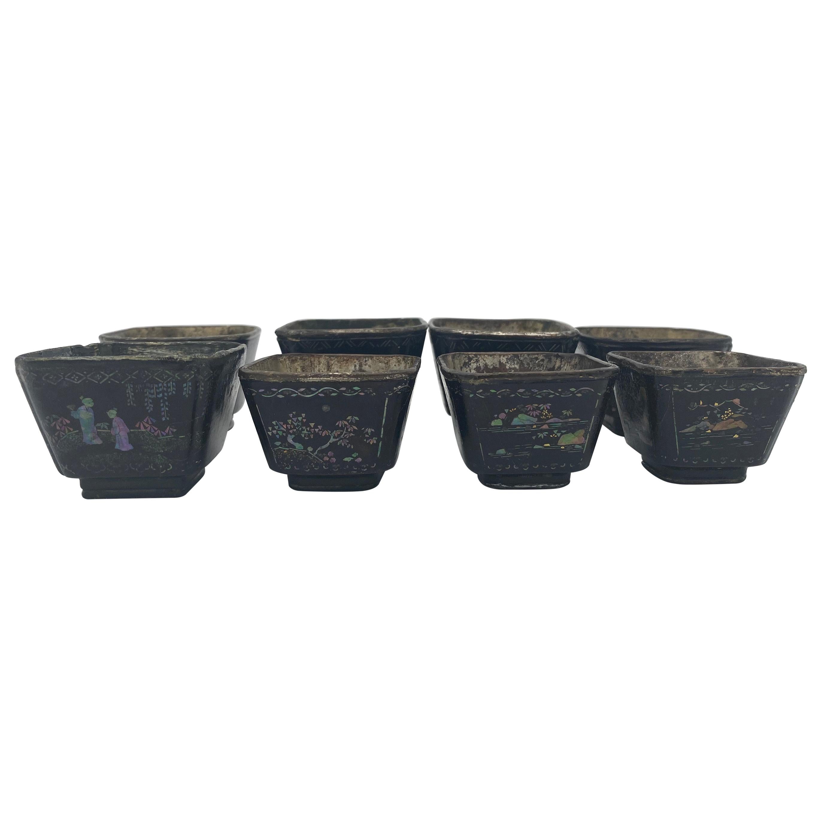 17th Century Set of 8 Chinese Lacquer Silver Cups with Mother of Pearls For Sale