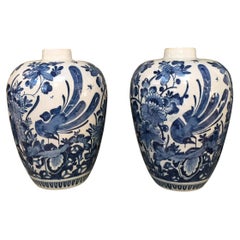Antique 18th century Set of Dutch Delft vases with Birds of Paradise