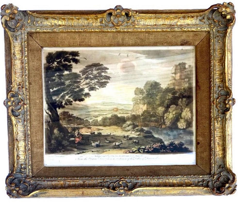 These charming landscape engravings with mezzotint are after the original drawings in the collection of the Duke of Devonshire. They were published in 1776 by John Boydell. This set is beautifully mounted under glass with velvet in elaborate gold