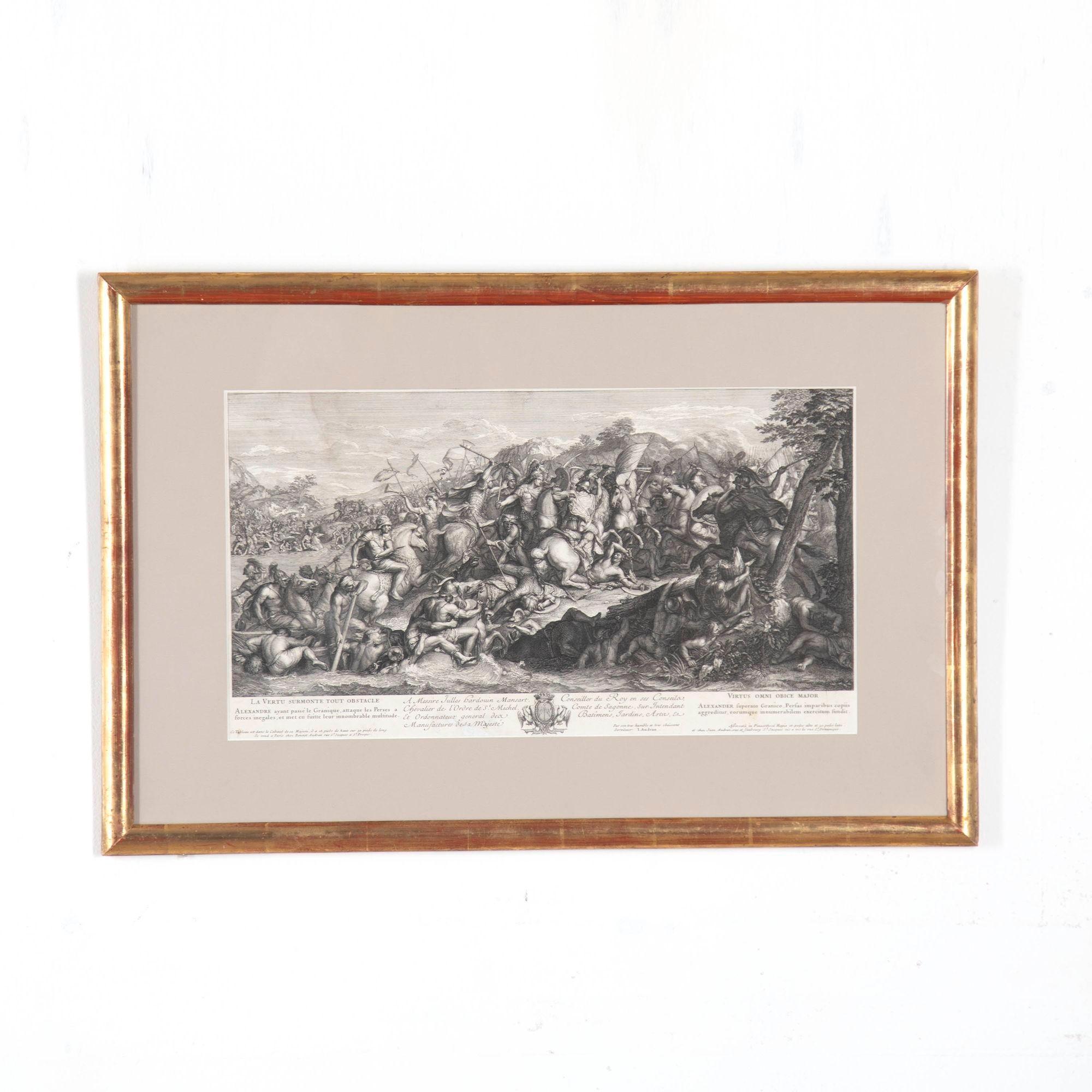 Set of four 18th Century engravings by J Audran. These fabulously detailed copper plate engravings show Alexander The Great in various Battle scenes, one riding an elephant, spear in hand, attacking Perseus, after Charles Le Brun.Training under