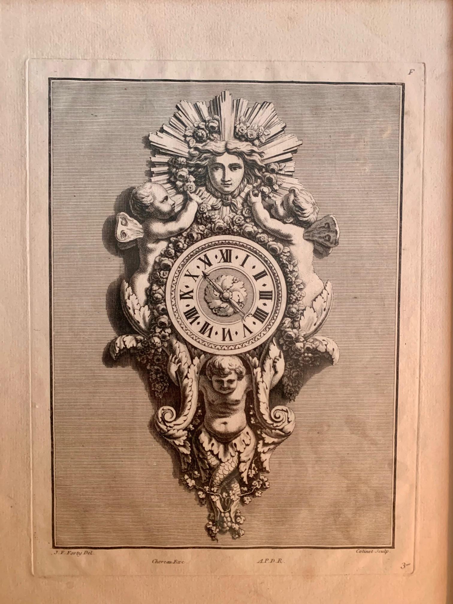 18th Century Set of Six Engraving Design for a Clock by J.F Forty For Sale 3