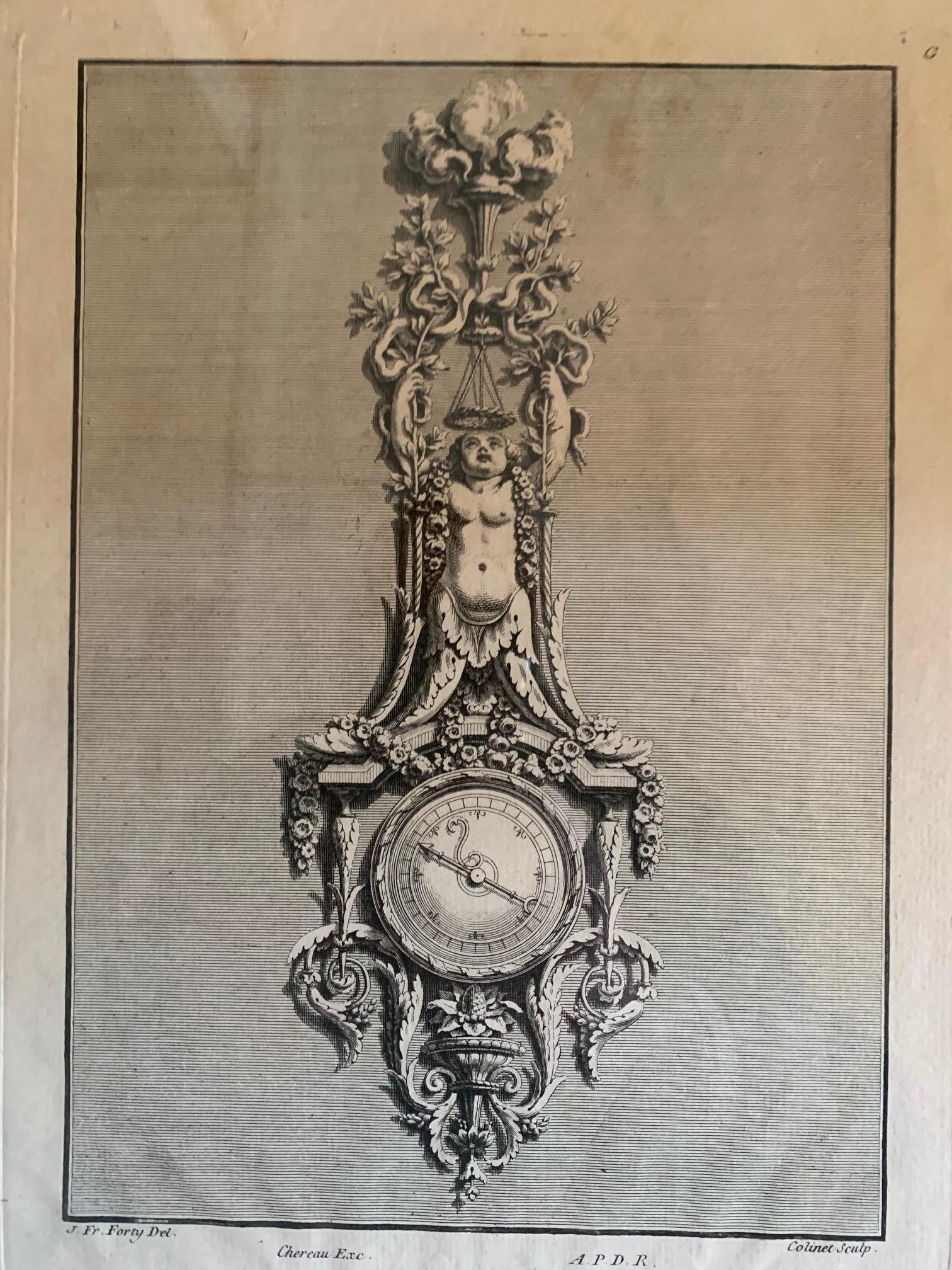 18th Century Set of Six Engraving Design for a Clock by J.F Forty For Sale 4