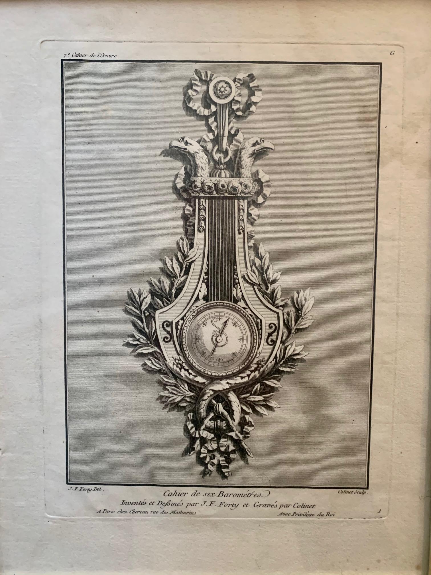 18th Century Set of Six Engraving Design for a Clock by J.F Forty For Sale 5