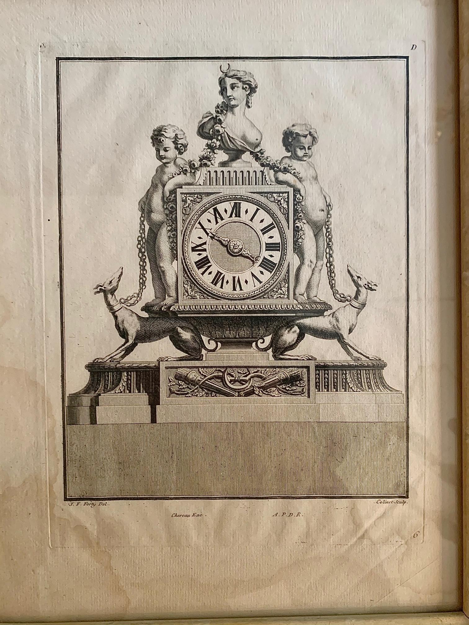 18th Century Set of Six Engraving Design for a Clock by J.F Forty For Sale 6