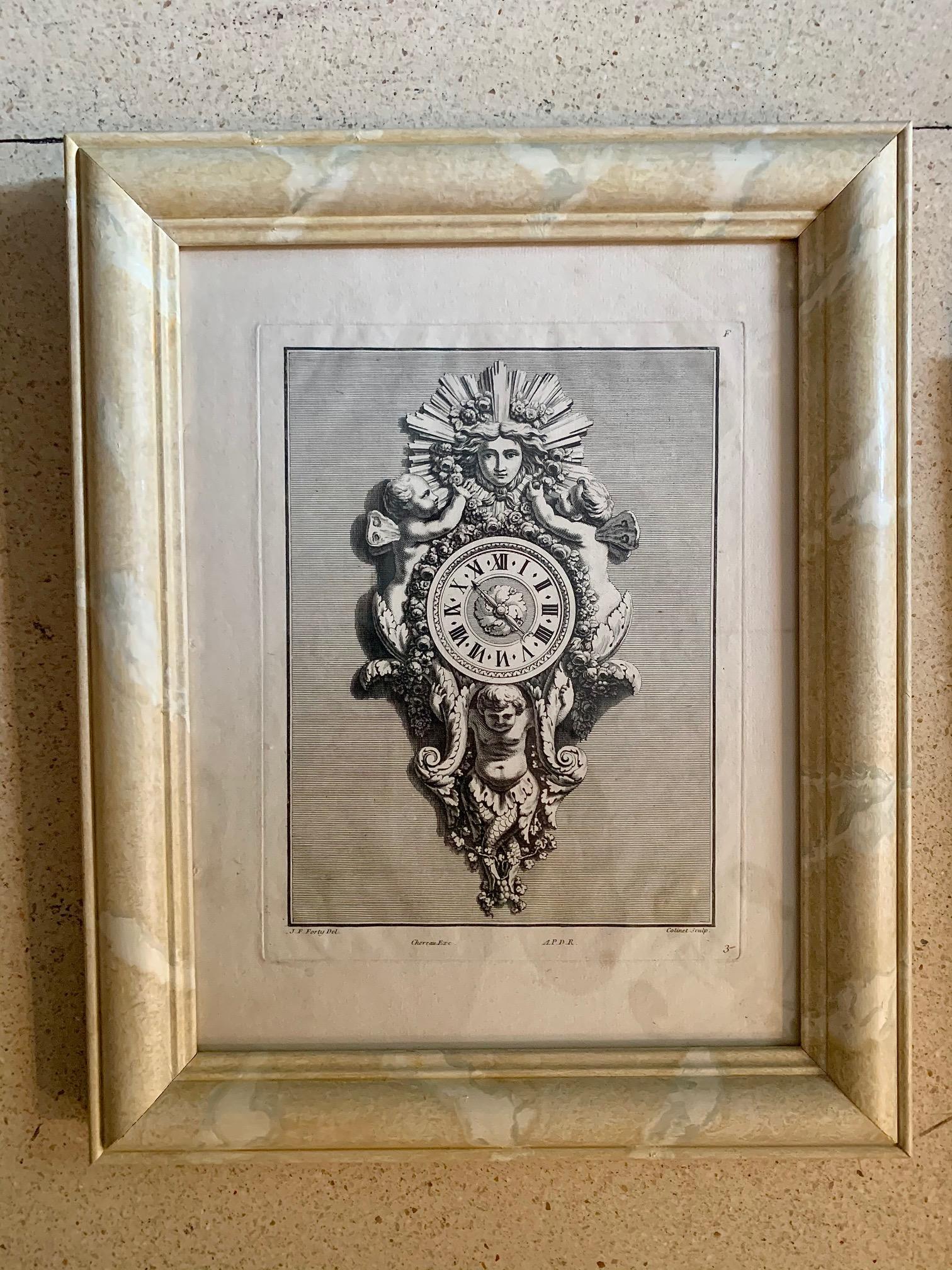 Gravé Ensemble de six gravures d'une horloge du 18ème siècle pour une pendule de J.F Forty en vente