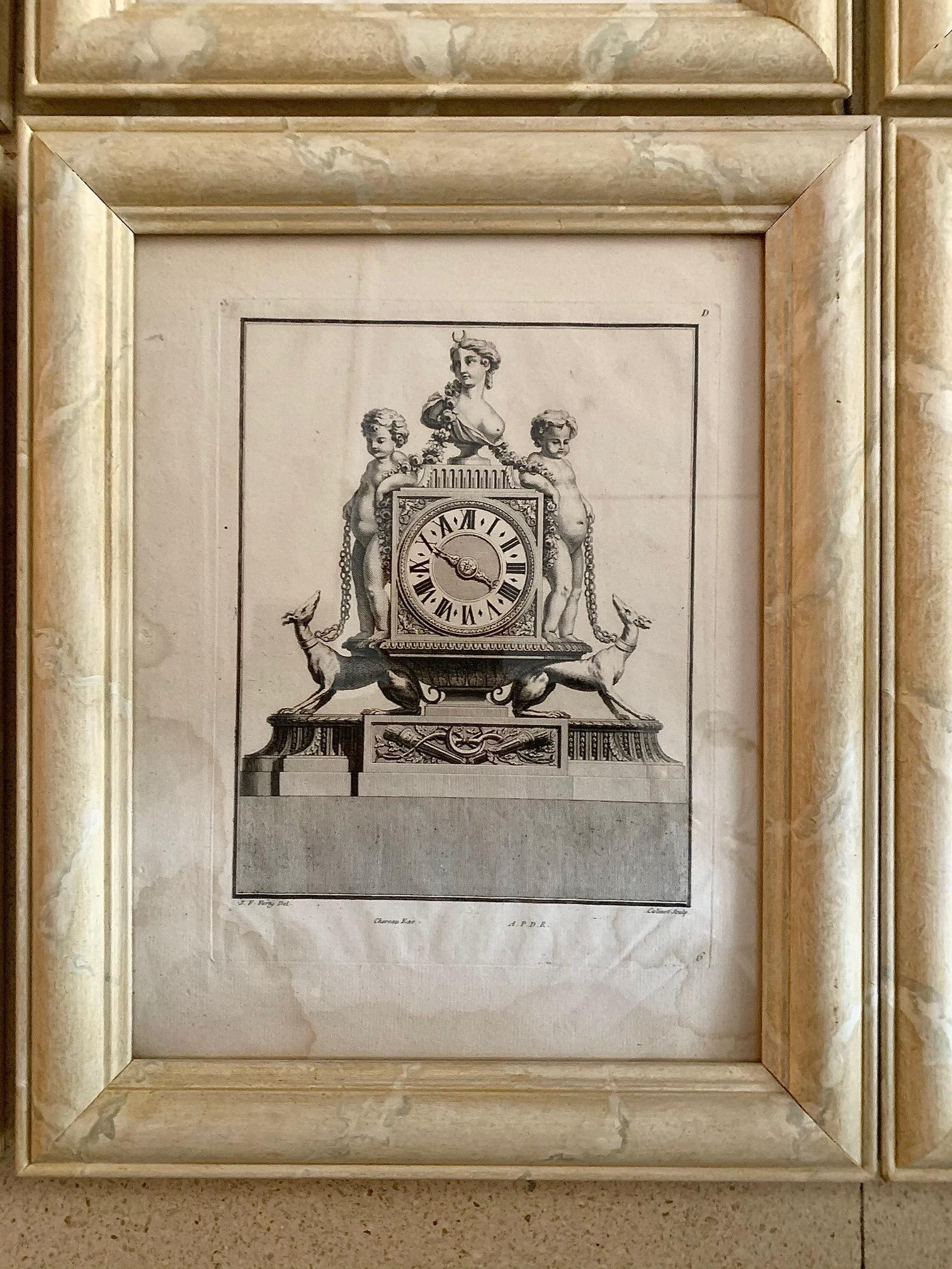 Set von sechs Gravuren für eine Uhr aus dem 18. Jahrhundert von J.F Forty (Papier) im Angebot