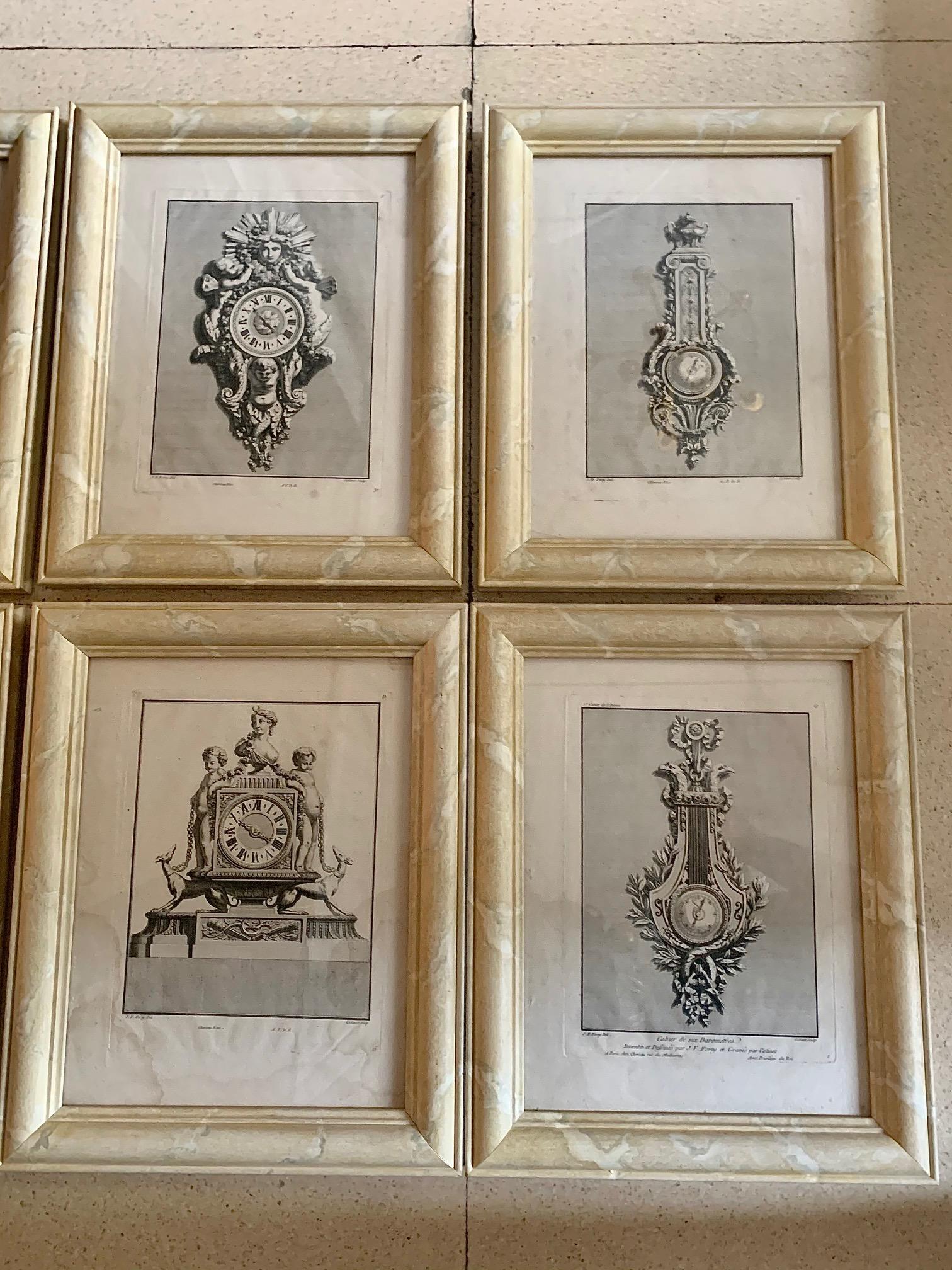Papier Ensemble de six gravures d'une horloge du 18ème siècle pour une pendule de J.F Forty en vente