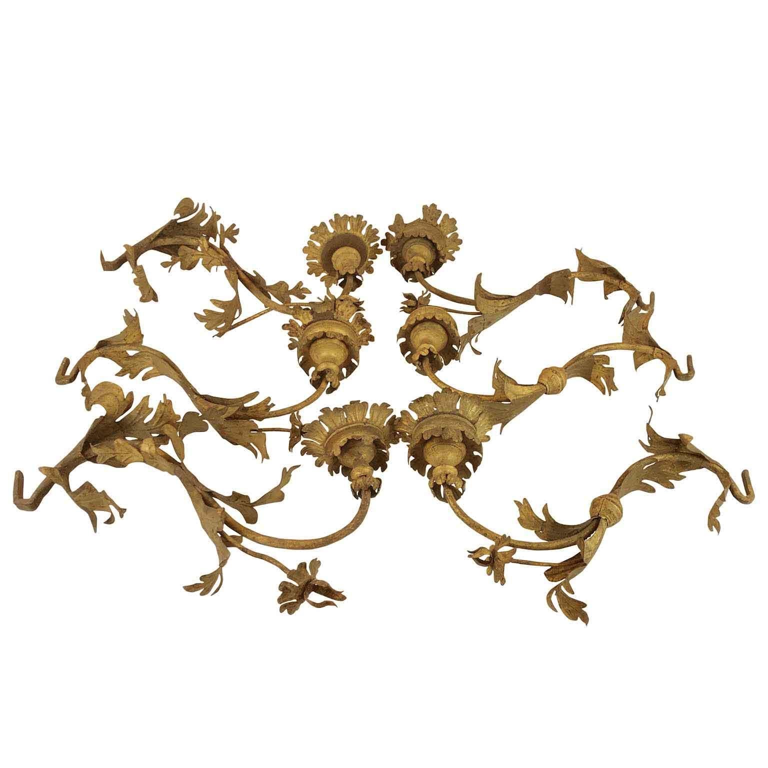 From Northern Italy a rare set of six 18th century gilt wrought iron arms, candle holders, hanging lantern brackets suitable as sconces, if you wire them.  These iron arms are fully handmade with curved scrolling iron structure, decorated with