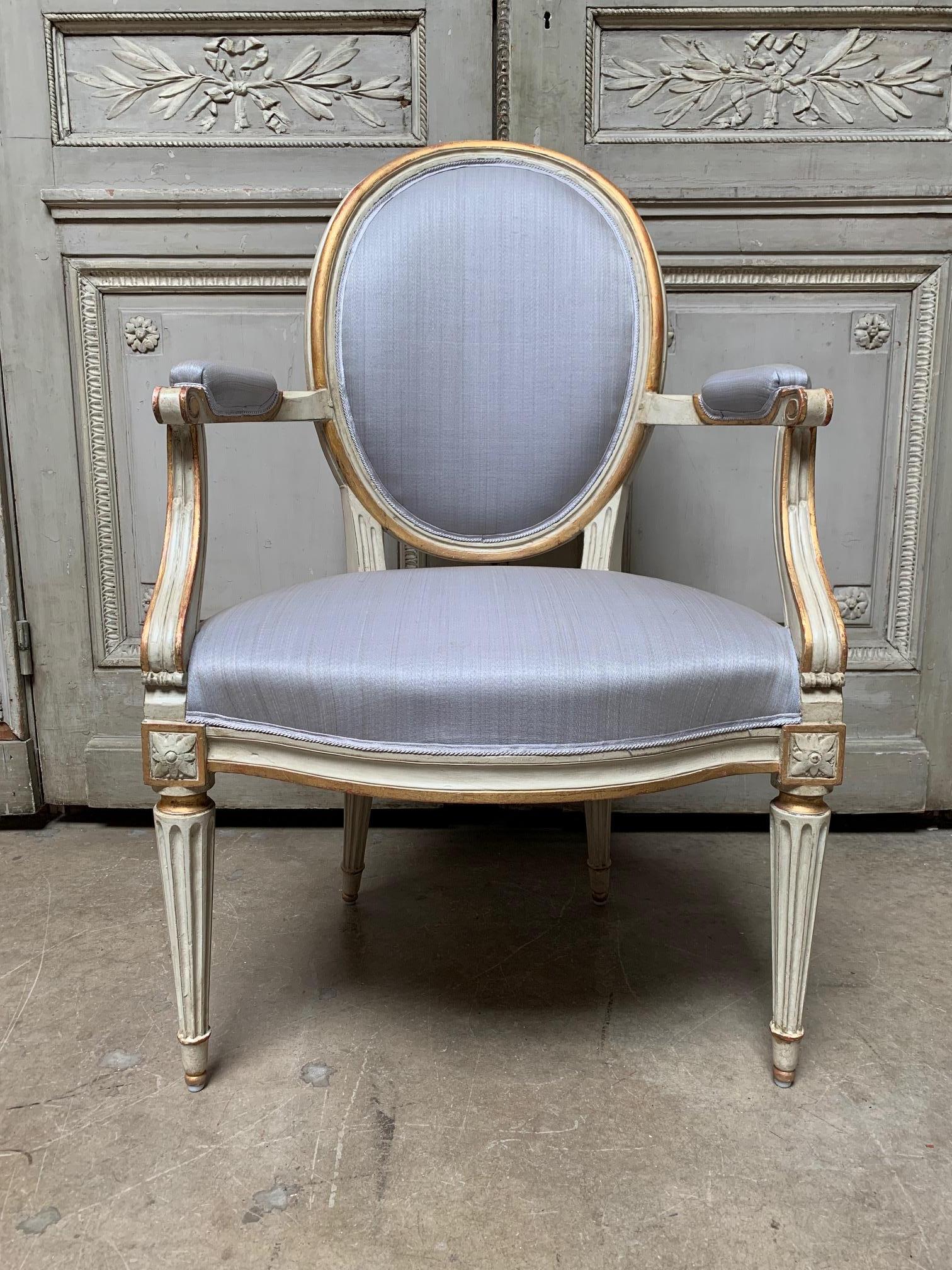 French 18th Century Set of Six Louis XVI Armchairs with a Gray and Gold Leaf Finish
