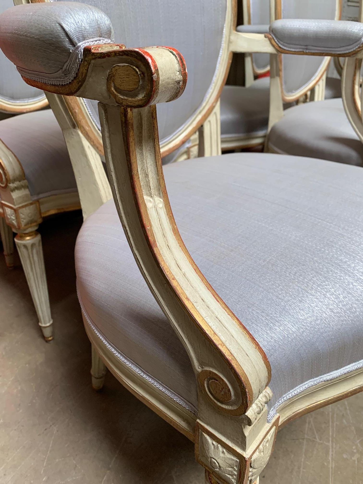 18th Century Set of Six Louis XVI Armchairs with a Gray and Gold Leaf Finish 3
