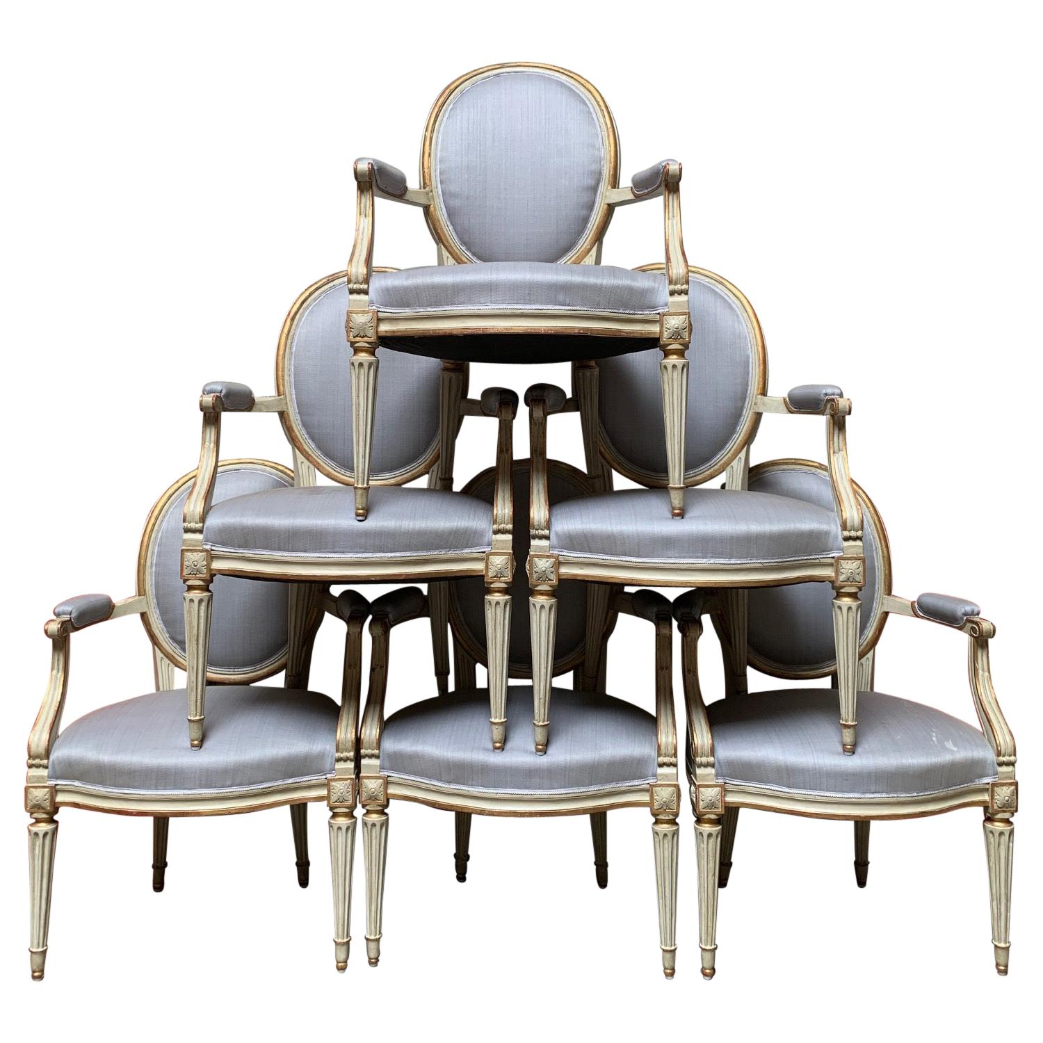 18th Century Set of Six Louis XVI Armchairs with a Gray and Gold Leaf Finish