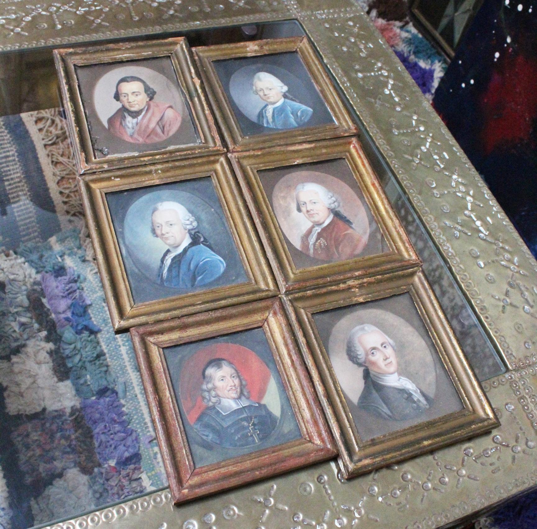 Hand-Painted 18th Century Set of Six Miniature Gouache Portraits of German Thinkers