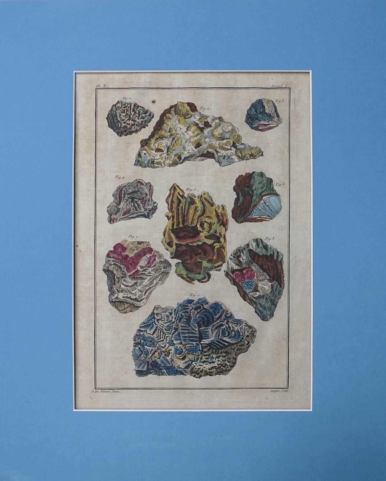 French 18th Century Set of Ten Hand-Colored Illustrations of Minerals by Joseph Buchoz For Sale