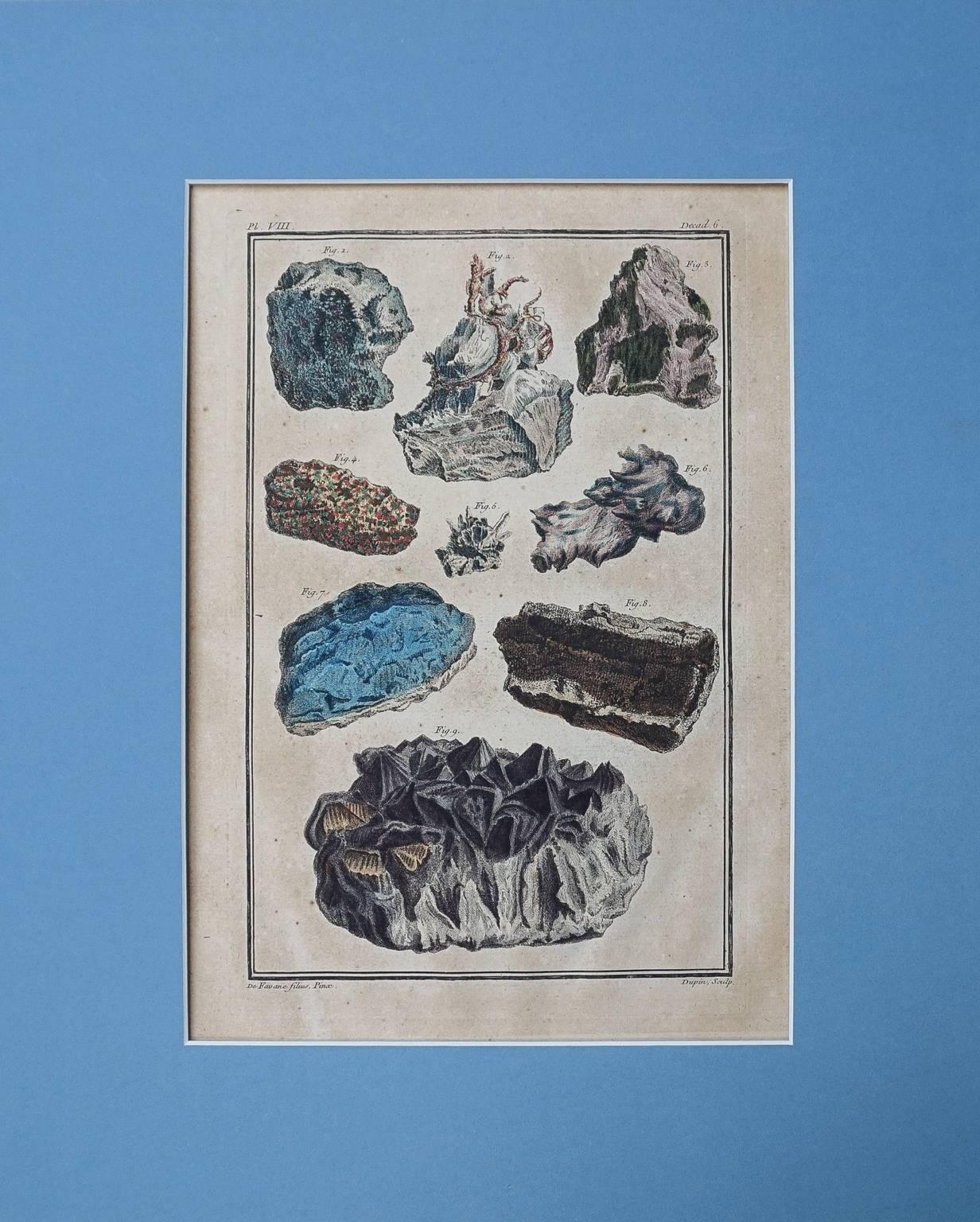 Paper 18th Century Set of Ten Hand-Colored Illustrations of Minerals by Joseph Buchoz For Sale