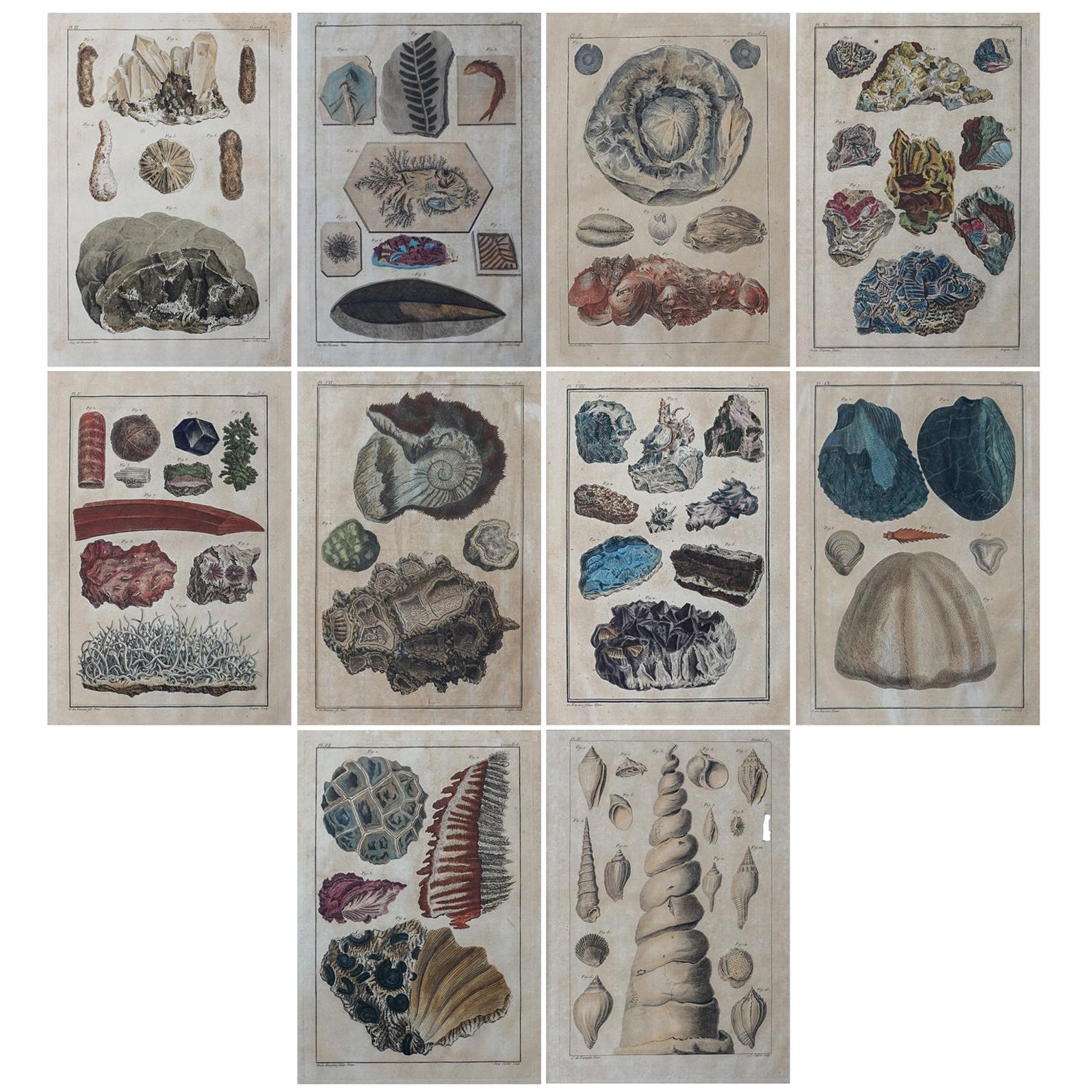 18th Century Set of Ten Hand-Colored Illustrations of Minerals by Joseph Buchoz