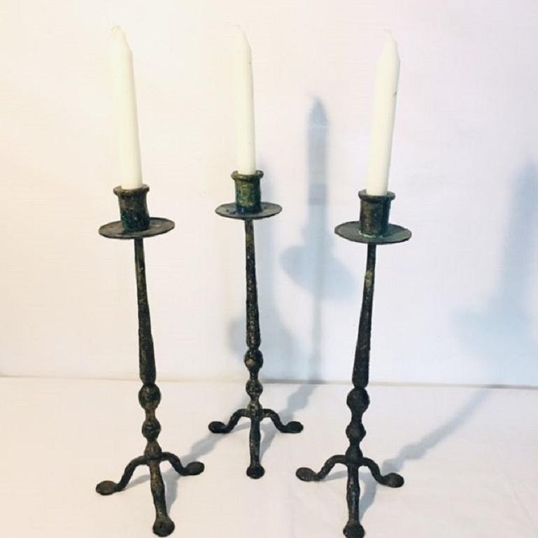 Folk Art 18th Century Set of Three French Hand Forged Iron Church Torchères Candleholders