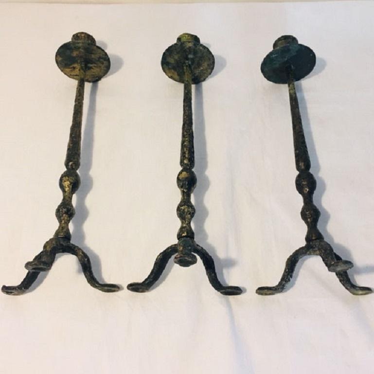 18th Century Set of Three French Hand Forged Iron Church Torchères Candleholders 4