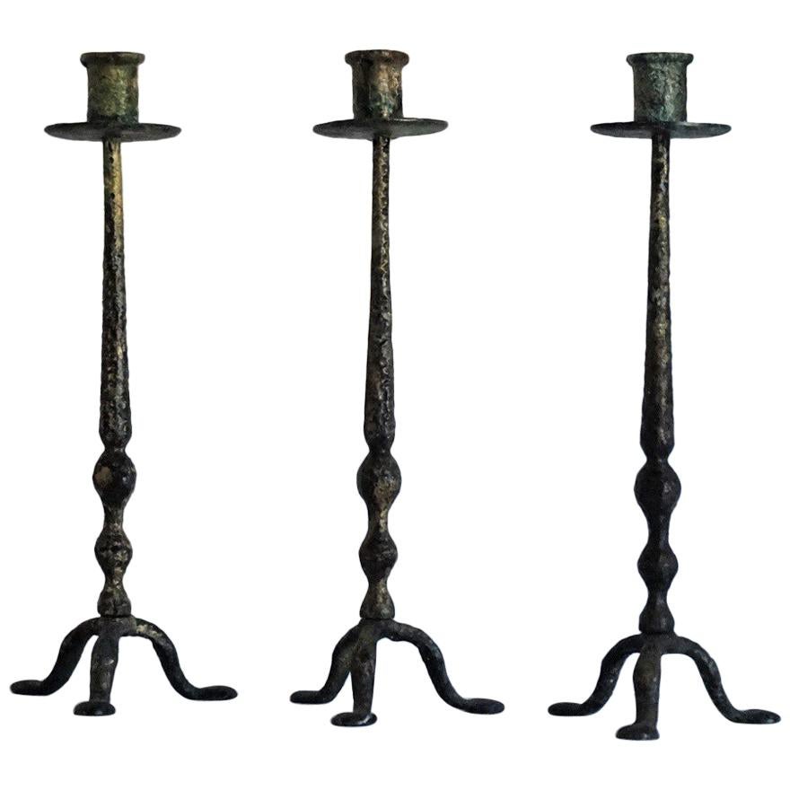 18th Century Set of Three French Hand Forged Iron Church Torchères Candleholders