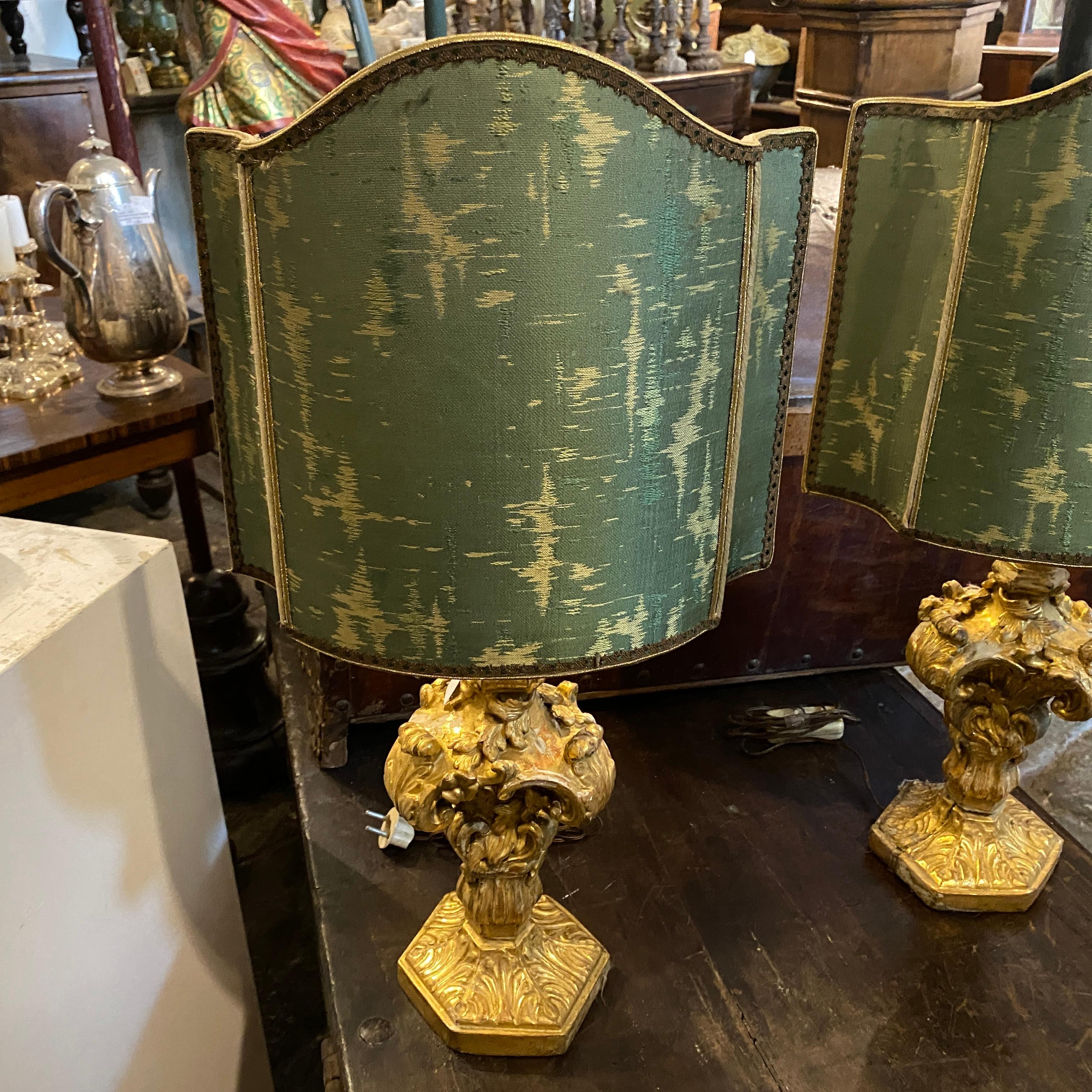 Sicilian 18th Century Set of Two Louis XV Gilded Wood Palm Holder Transformed Lamps