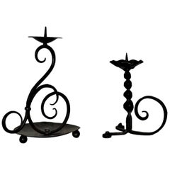 18th Century Set of Two Spanish Hand Forged Iron Church Candleholders