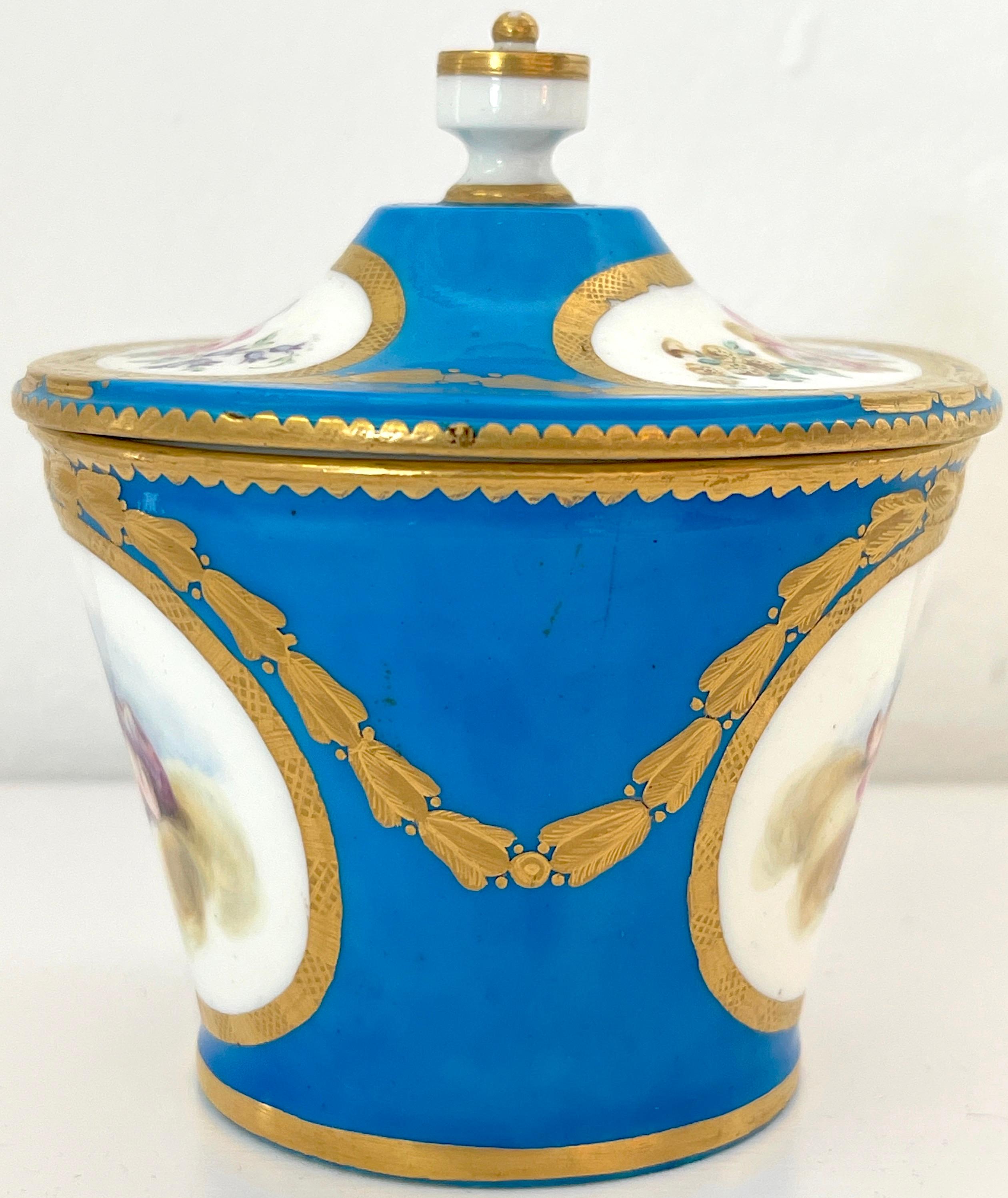 Gilt 18th Century Sevres Blue Celeste Putti Motif Sugar Box 1767, Special Order For Sale