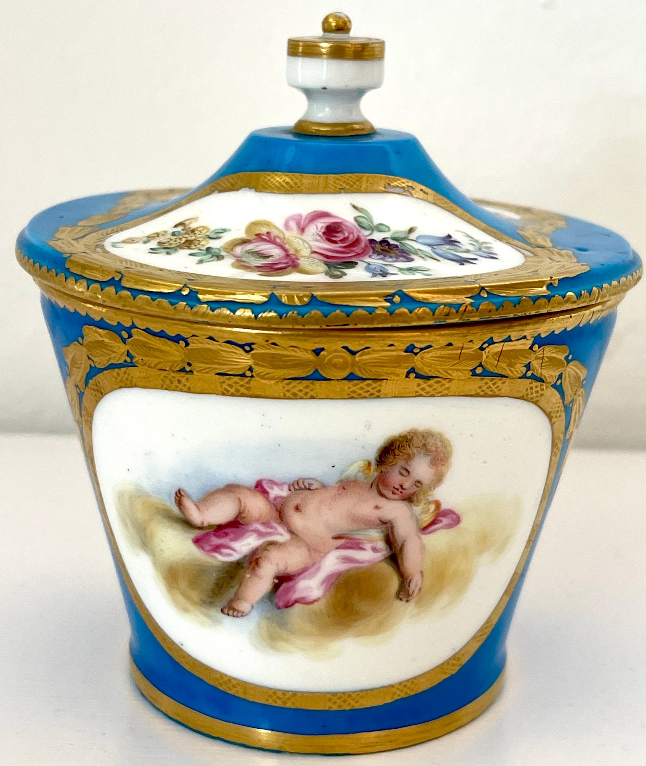 Porcelain 18th Century Sevres Blue Celeste Putti Motif Sugar Box 1767, Special Order For Sale