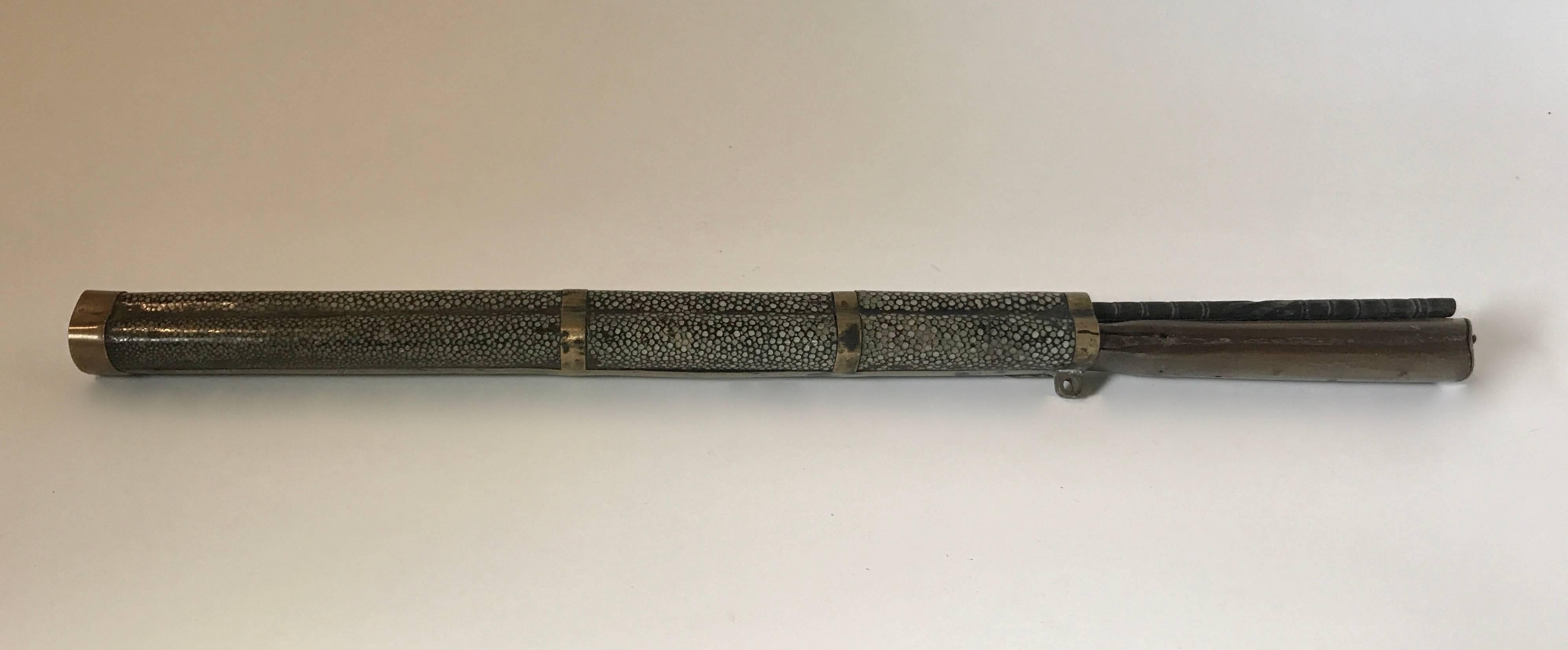 18th century shagreen cutlery case with knife and pair of chopsticks.