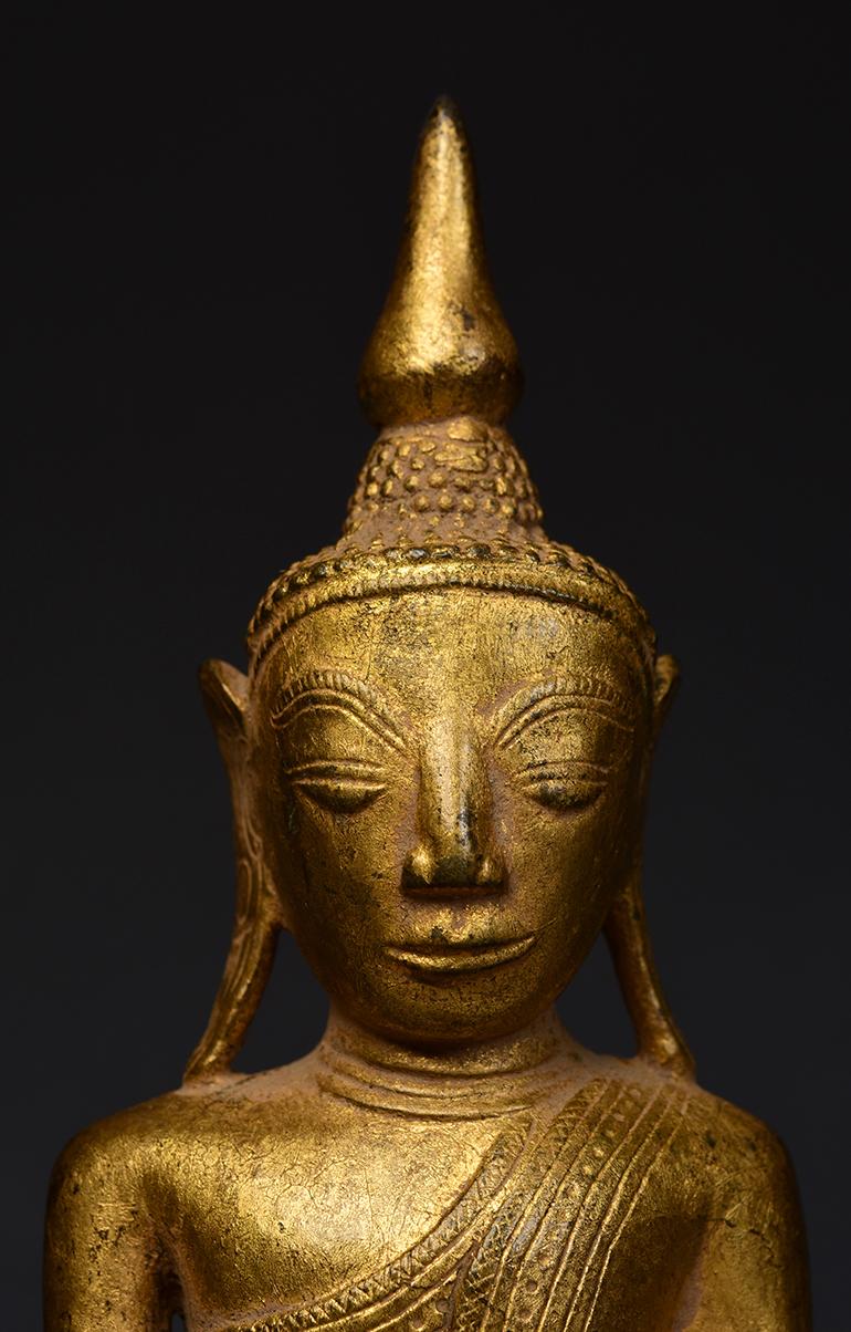 Hand-Carved 18th Century, Shan, Antique Burmese Bronze Seated Buddha with Gilded Gold