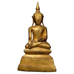 18th Century, Shan, Antique Burmese Bronze Seated Buddha with Gilded Gold