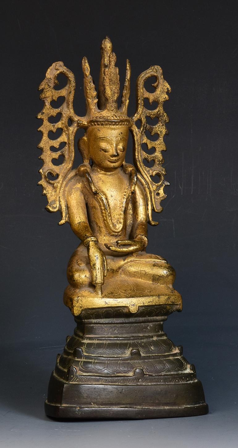 18th Century, Shan, Antique Burmese Bronze Seated Crowned Buddha 7