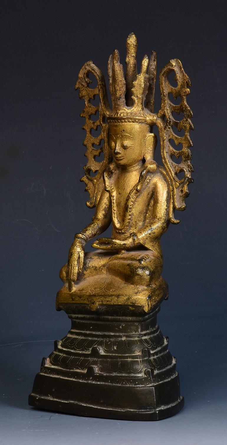 18th Century, Shan, Antique Burmese Bronze Seated Crowned Buddha 2