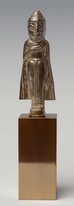 18th Century, Shan, Antique Burmese Silver Repousse Standing Buddha with Stand