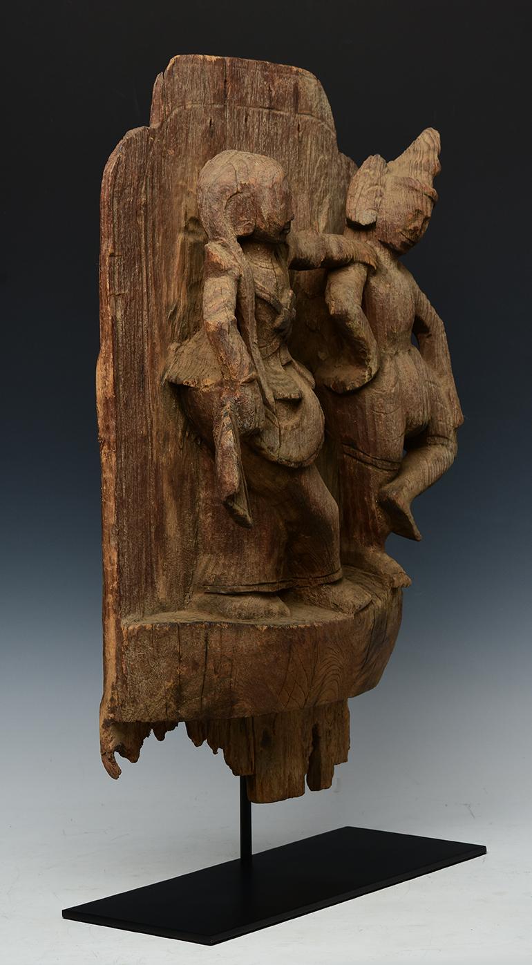 18th Century, Shan, Antique Burmese Wood Carved Dancers Panel For Sale 7