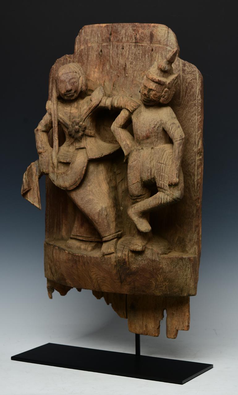 18th Century, Shan, Antique Burmese Wood Carved Dancers Panel For Sale 3