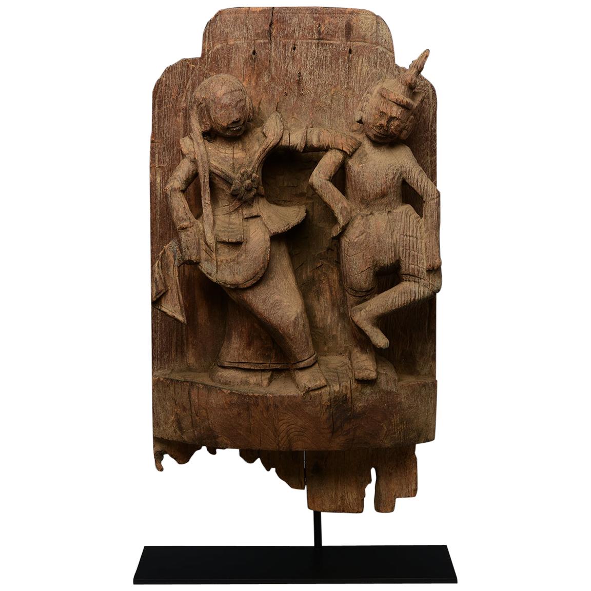 18th Century, Shan, Antique Burmese Wood Carved Dancers Panel