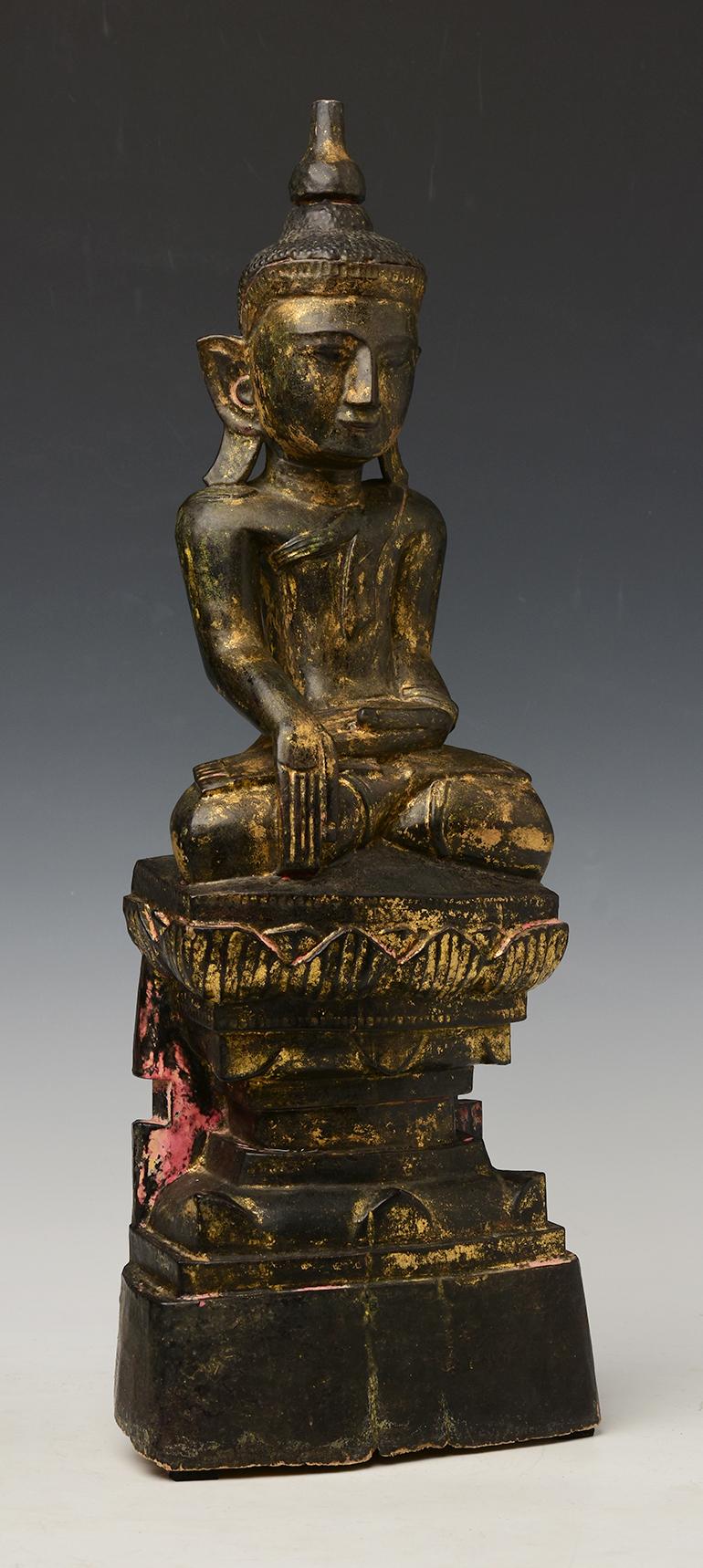 18th Century, Shan, Antique Burmese Wooden Seated Buddha 6