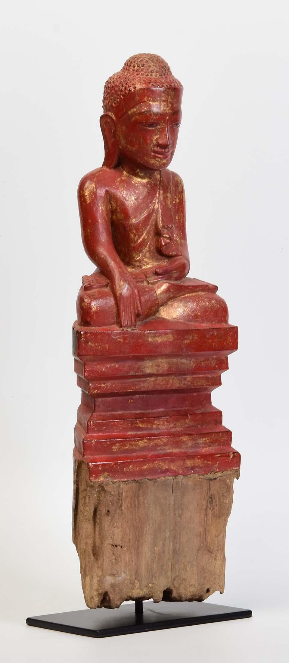 18th Century, Shan, Antique Burmese Wooden Seated Buddha 7