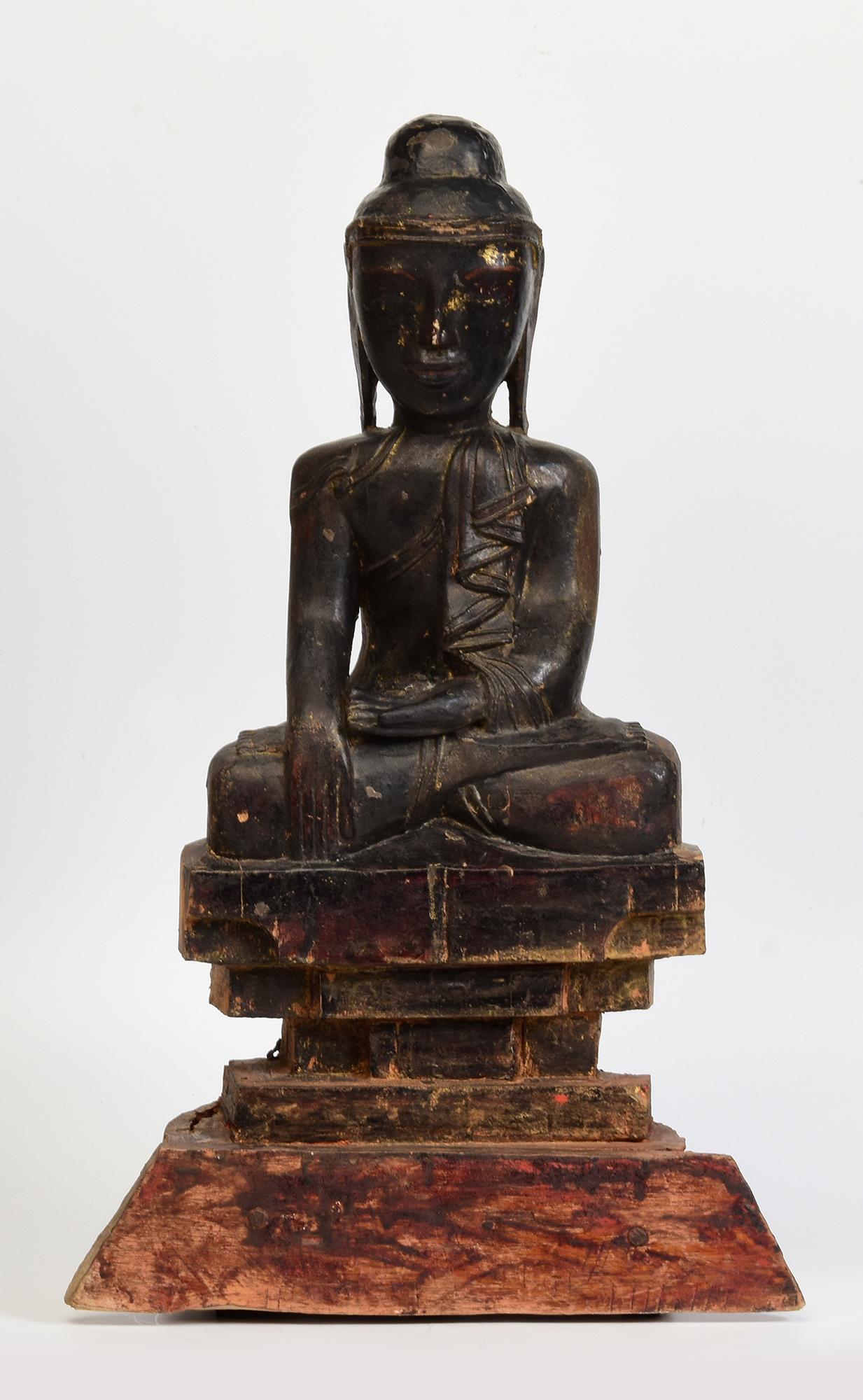 18th Century, Shan, Antique Burmese Wooden Seated Buddha For Sale 7