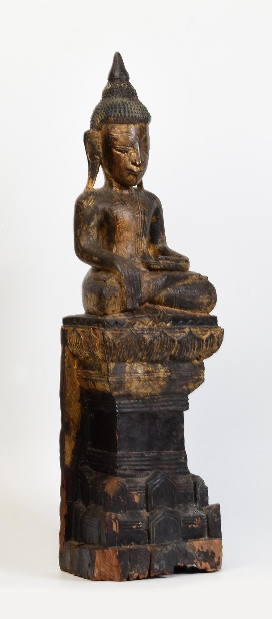 18th Century, Shan, Antique Burmese Wooden Seated Buddha For Sale 7